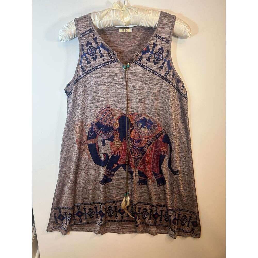 GM Women’s L/XL Boho Elephant Print Sleeveless Tunic Dress Feather Tie Brown Top - Picture 2 of 16